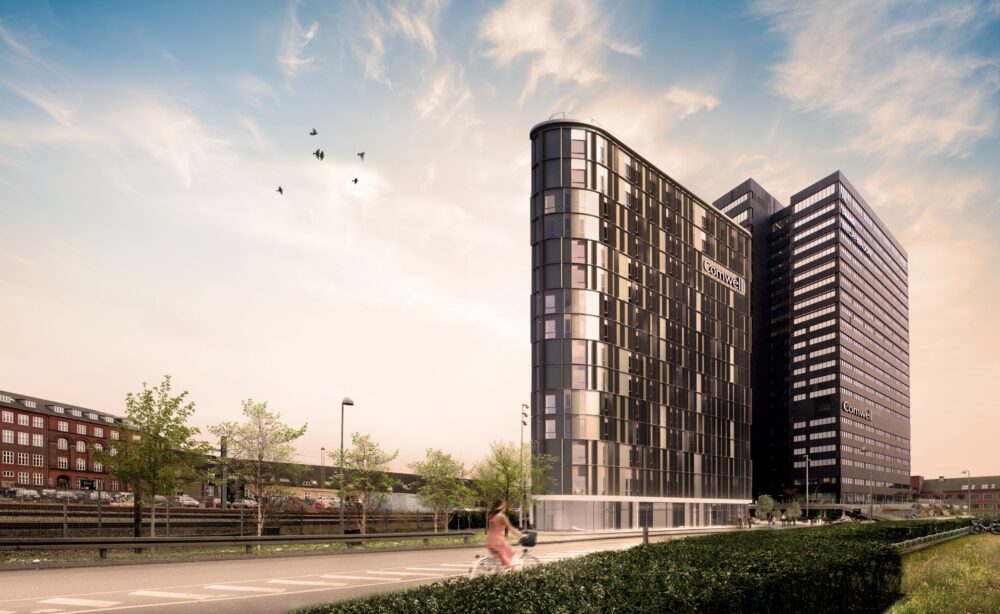 Fjelsø glas-alu facader til hotelbyggeri for Comwell i Aarhus 2026. Glas mellemgang og glas-alu trappetårn.