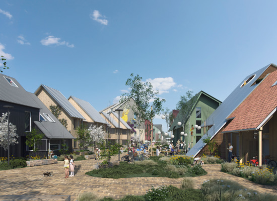 Travbyen i Billund får facader fra Fjelsø i byrumskontor og cafe. En bæredygtig løsning, der når DGNB Guld og lægger sig op ad svanemærket også.